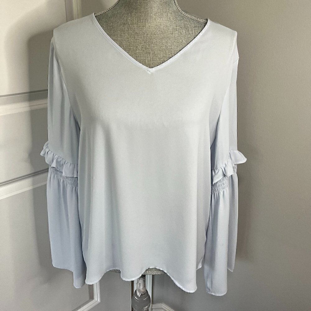 Loft Light Blue w Ruffle Sleeve V-Neck Blouse NWOT Size M